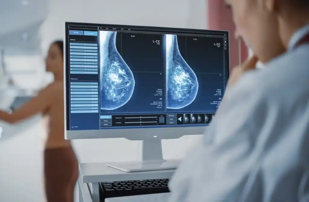 Mammography Technologist Viewing Dense Breast Tissue On Computer